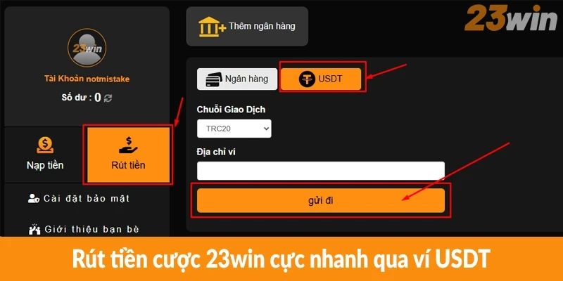 Rút tiền cược 23win cực nhanh qua ví USDT