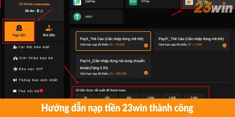 Hướng dẫn nạp tiền 23win thành công